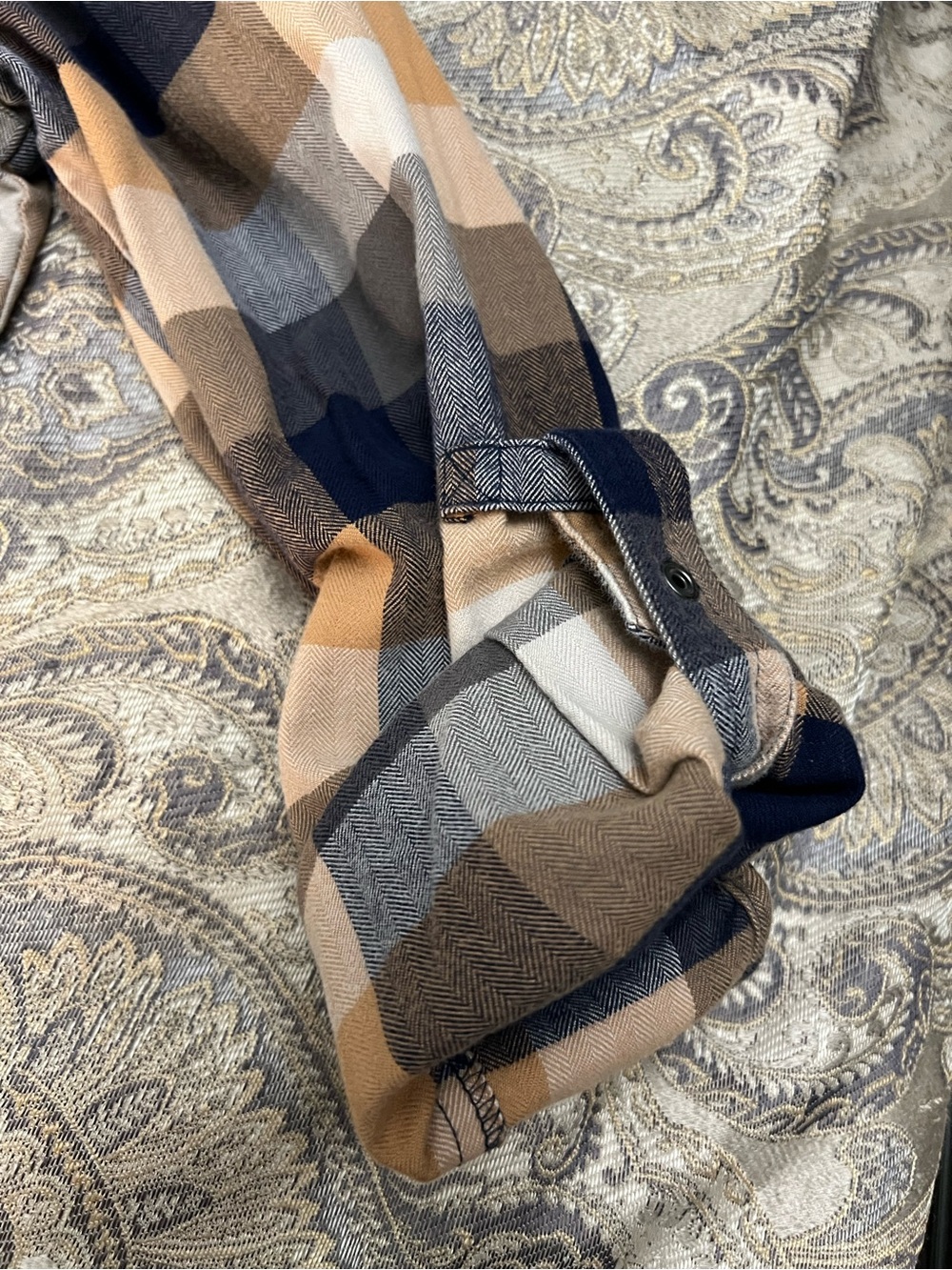 Tyler Boe flannel popover tunic features a brown, cream and blue plaid, Size M - Picture 9 of 14